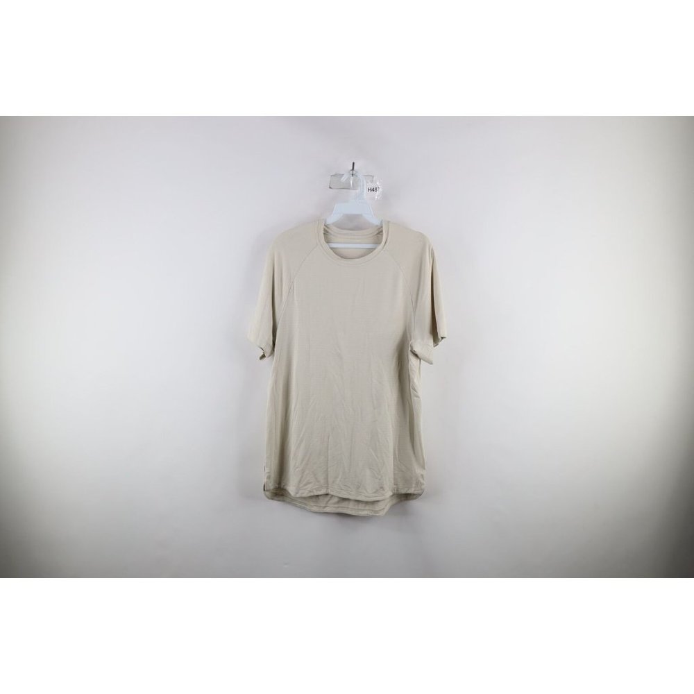 Stori Mens Small Striped Stretch Running Jogging Yoga Training T-Shirt Beige